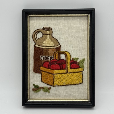 Vintage Apple Cider Jug and Basket of Apples Crewel Wood Frame 8x6