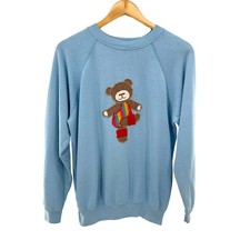 VTG 80s Hanes Sew Goes It Teddy Bear Rainbow Sweatshirt M Blue USA Made