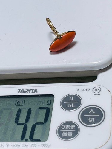 18k Gold Large Nat. Coral Vintage Ring 4.2g US:7-7.5 Retro Style Orange Red JPN - Picture 9 of 22