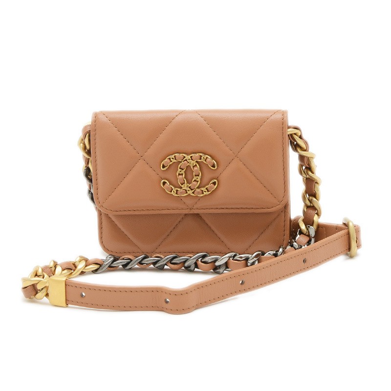 CHANEL 19 Lambskin Shoulder Bag in Brown with Gold Silver Hardware Chain