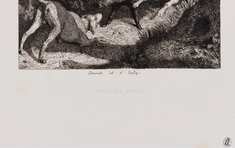 C. ELMERICH (1813-1889), Keilerjagd mit Jagdhunden im Wald, Radierung Romantik - Bild 3 von 4