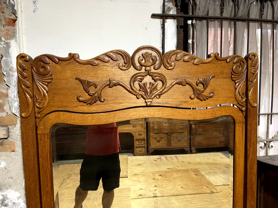 Cómoda antigua grande de cinco cajones de roble aserrado con cuarto victoriano tardío con espejo Foto 3 de 4