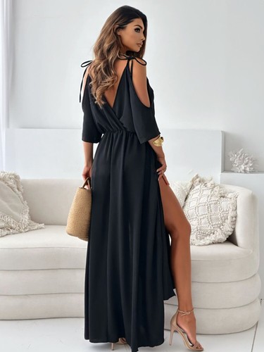 Maxi Sommerkleid V-Ausschnitt gebunden Schulterschlitz Kurzarm hoher Bund - Bild 5 von 26