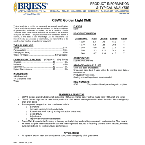 10 LB BRIESS GOLDEN LIGHT DRY MALT EXTRACT DME - Picture 2 of 3