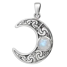 Silver Horned Moon Moonstone Pendant Wiccan Pagan Pentacle Jewelry Dryad Design