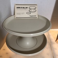 Vintage Tupperware Serve It All Set Pedestal Plate Chip  Dip Cake Stand Almond