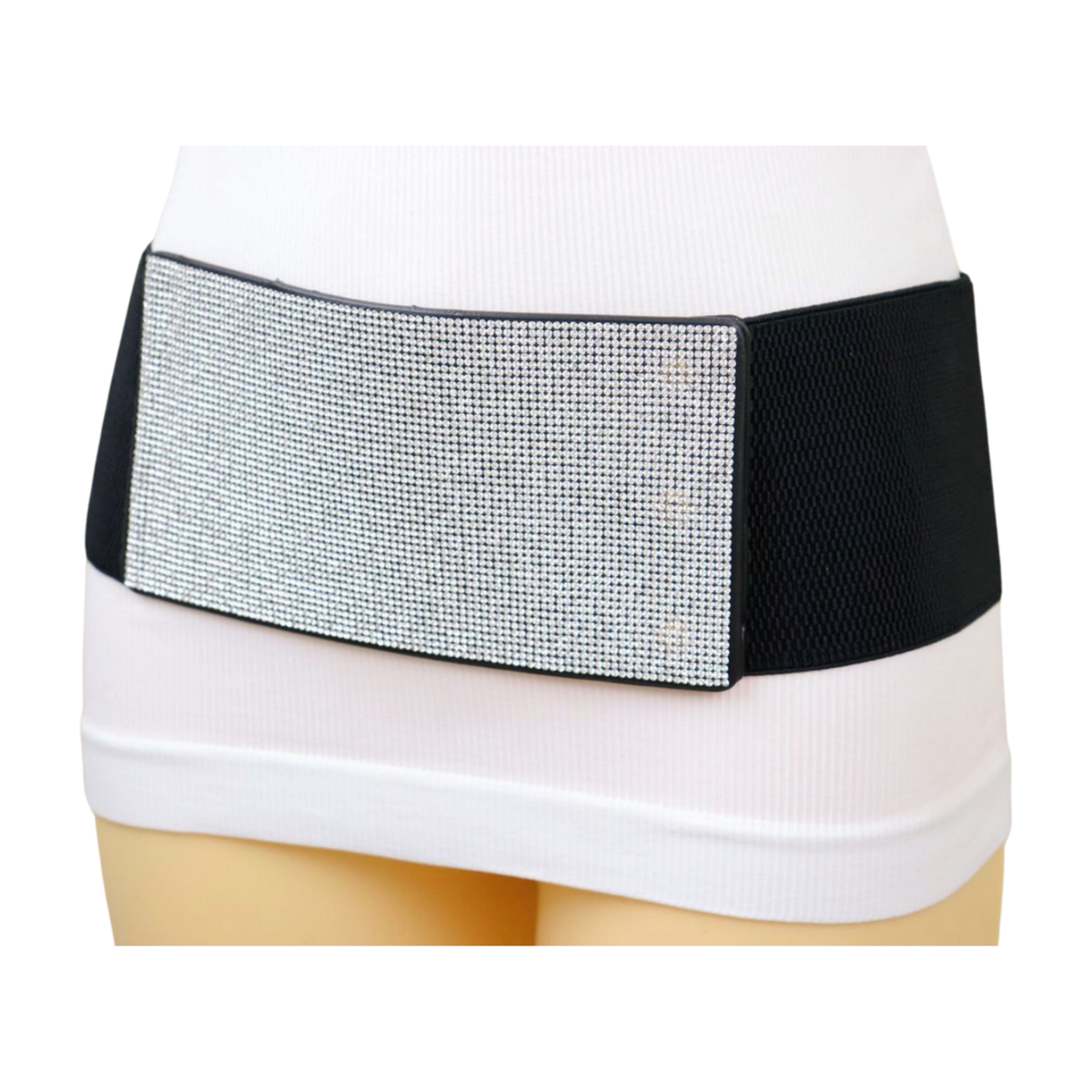Women Wide Black Stretch Waistband Fashion Belt Silver 