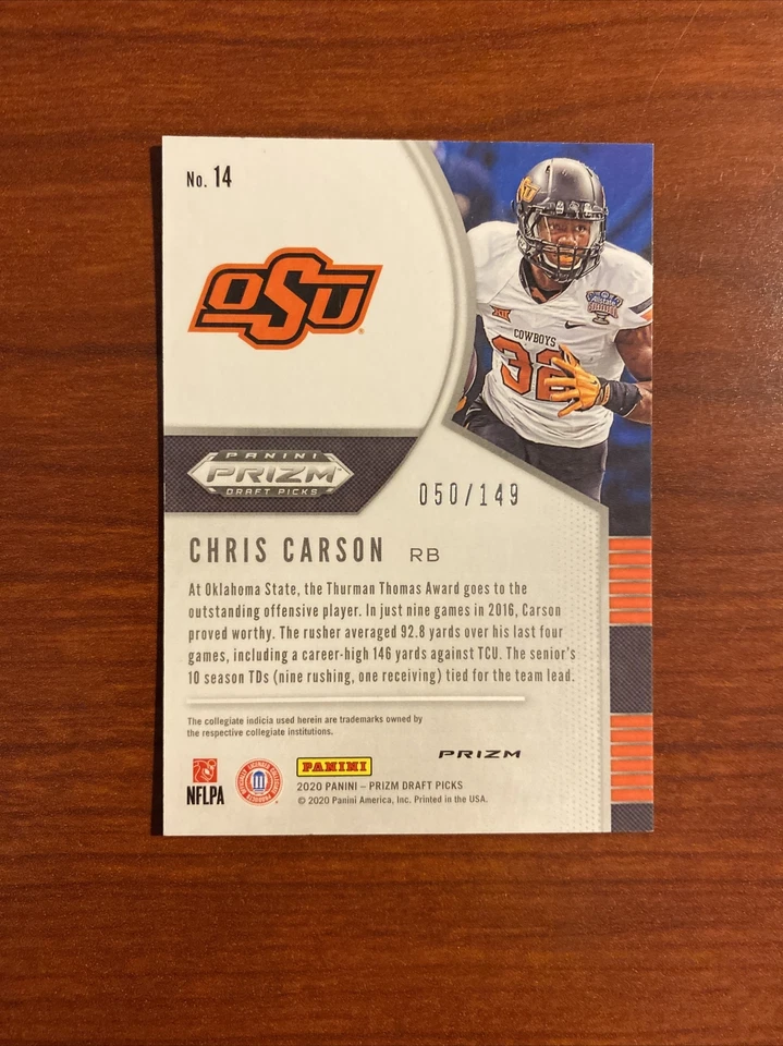 2020 Panini Prizm Draft Picks Chris Carson Orange /149 Oklahoma State 14 - Image 2 of 2