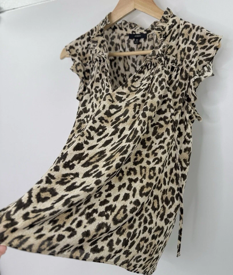Blusa para mujer J.Crew con volantes cuello atado chifón estampado de leopardo talla XS oficina carrera Foto 4 de 4