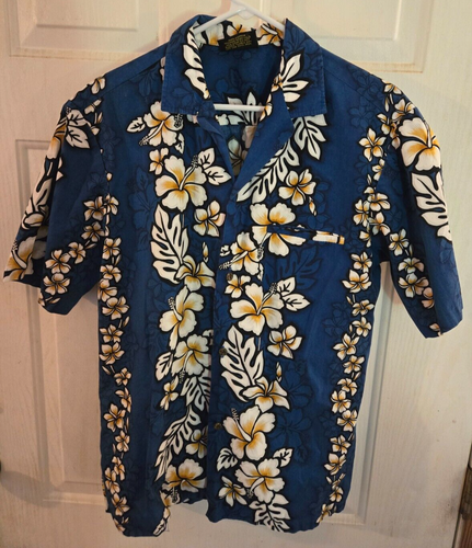 ROYAL CREATIONS Short Sleeve Button Hawaiian Aloha Tropical Shirt Leis Men Blue
