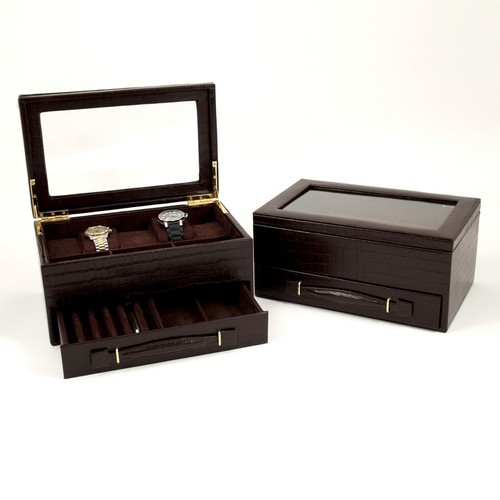 Bey-Berk Brown "Croco" Leather 5 Watch Box