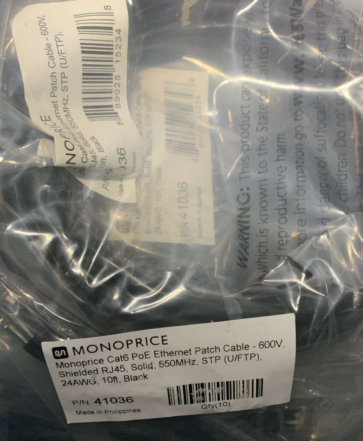 Monoprice 41036 Cat6 10ft  PoE Ethernet Patch Cable 30W 600V (10 PACK)