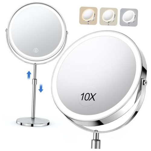 10x Large Lighted Makeup Mirror, Rechargeable 8" Height Adjustable Vanity
