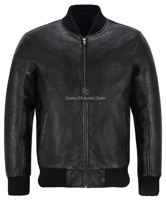 70er Herren Bomber Lederjacke Schwarz Street Inspiriert Retro Echt Lammleder 275-P