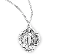 Fancy Baroque Style Sterling Silver Miraculous Medal Pendant Necklace, 4/5 Inch