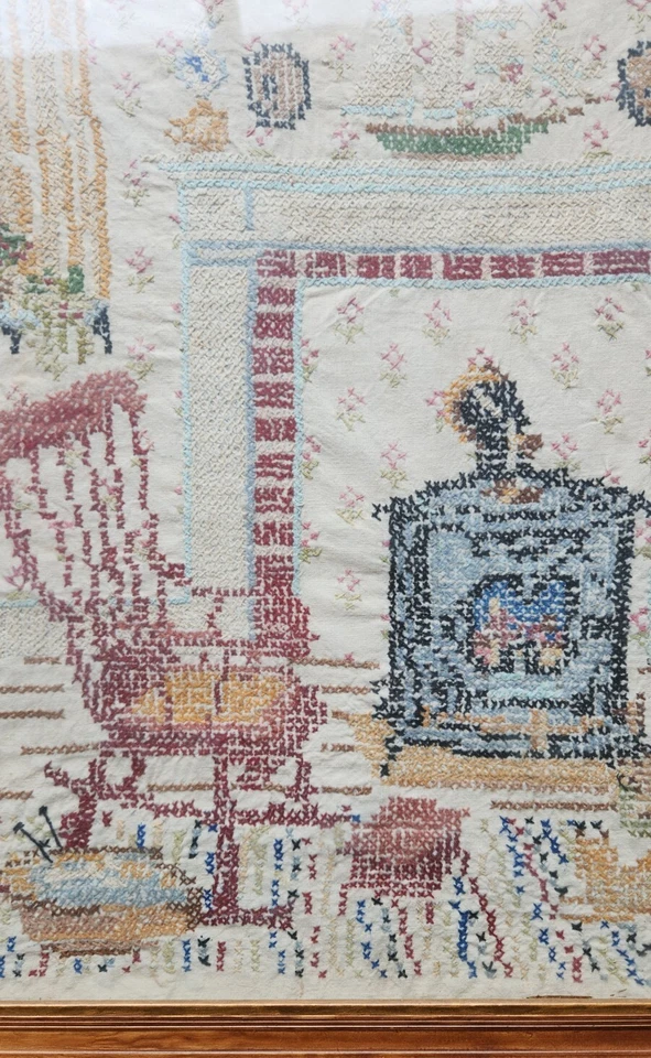 Amostrador emoldurado vintage antigo ponto cruz ponto agulha fogão balancim - Imagem 3 de 4