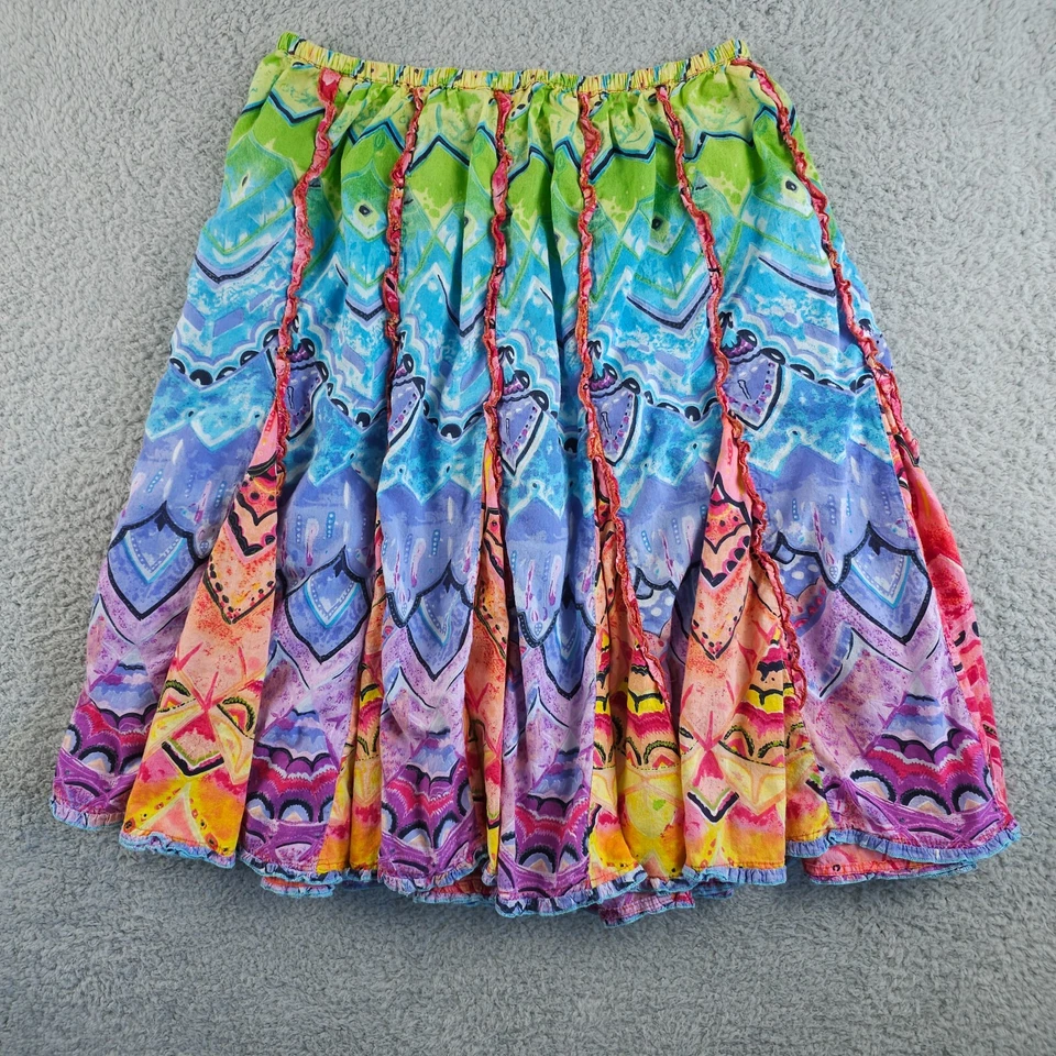 Falda Vintage Phool Mujer M Verde Púrpura Con Volantes En Niveles Pull On Giro Hippie Boho Foto 2 de 4