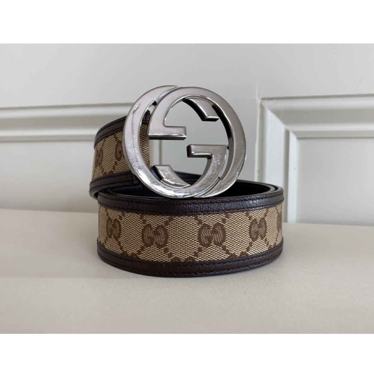 Auth GUCCI Brown Monogram Canvas Leather Silver Interlocking Auth GUCCI Brown Monogram Canvas Leather Silver Interlocking