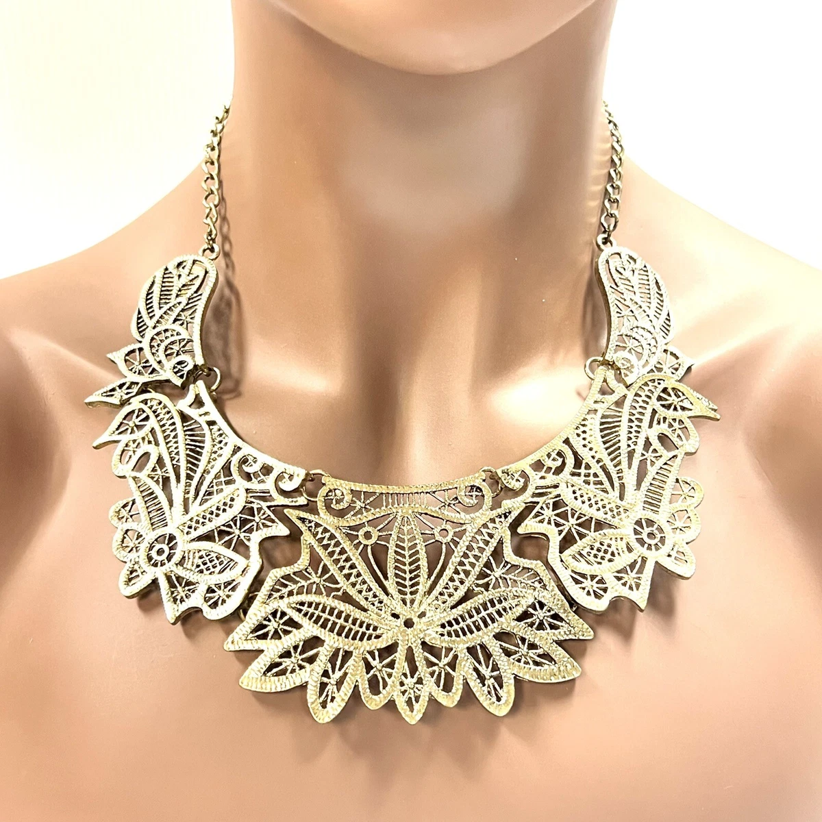 Gold Tone Metal Lace Filigree Bib Collar Necklace Adjustable Estate Vintage