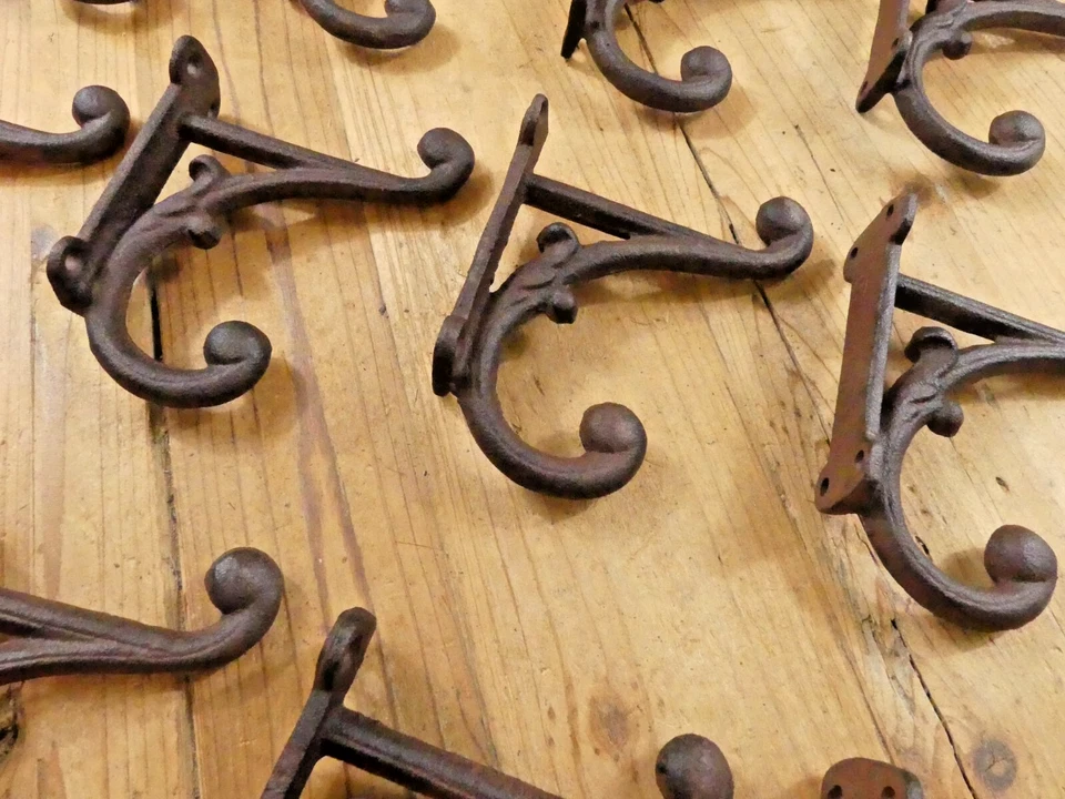 12 GANCHOS RÚSTICOS ESTILO ANTIGUO HIERRO FUNDIDO 4.5" PARED DOBLE RESTAURACIÓN MARRÓN Foto 3 de 4