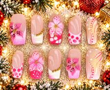 Pink Floral Press On Nails 3D Flower Polka Dot French Tip Nail Art Set