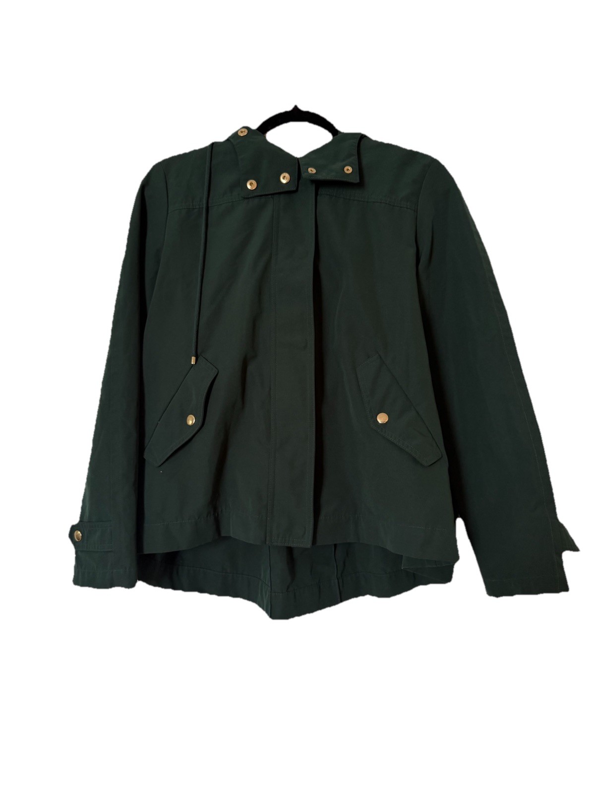 LOFT Kelly Green Hooded Wind Breaker Rain Jacket M Women's Gold Snaps/Zipper