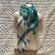 Women's cotton Plaid 56" square Scarf shawl Lightweight Fringed Aqua Blue White