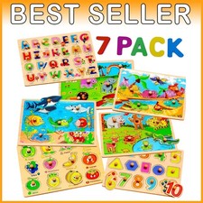 Toddler Wooden Peg Puzzles - 7 Pack Learning Set