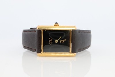 Vintage Must de Cartier Mystery Tank Watch. ARGENT Manual Black Dial Tank.