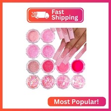 Pink Nail Glitter Powder, 12pcs Nail Art Sequins Dust Set, Holographic Paillette