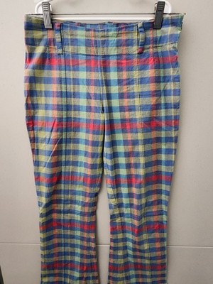 Free People Pants Womens 6 THE WAY YOU MOVE FLARE Plaid Colorful Cotton Linen