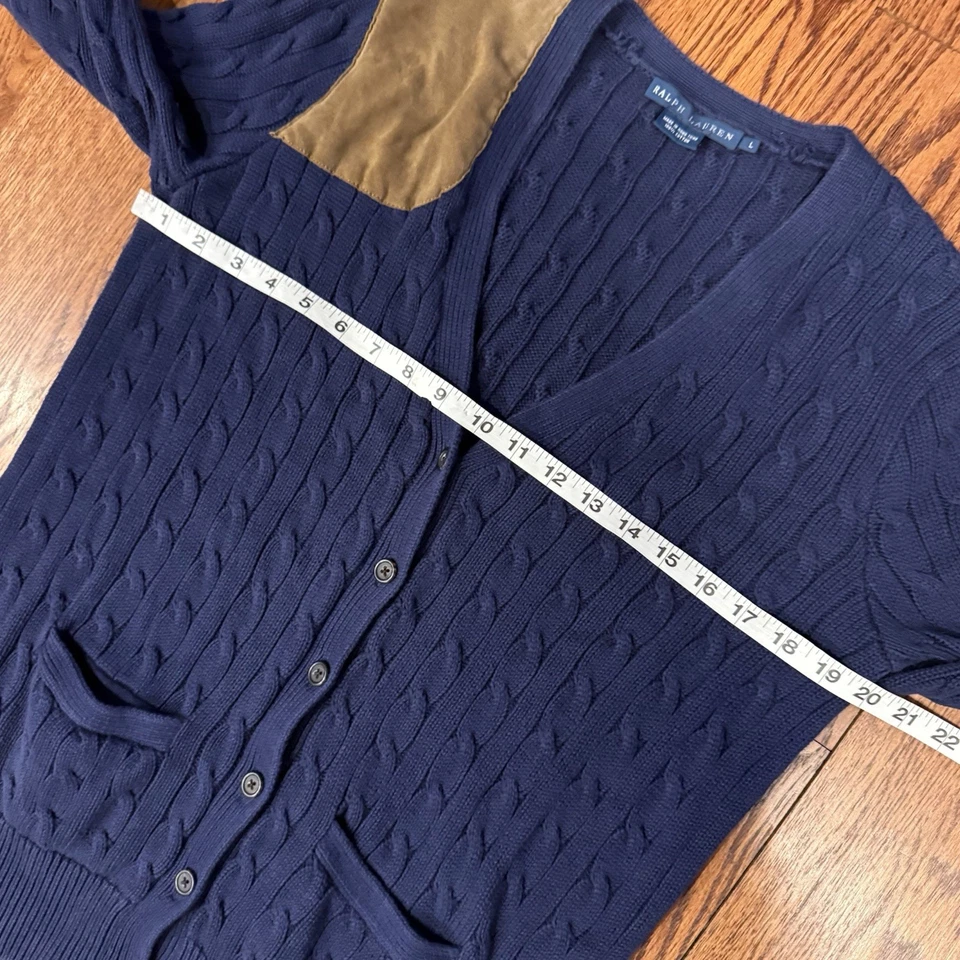 Cárdigan Ralph Lauren tejido con cable parche de cuero para el hombro para mujer grande azul marino Foto 4 de 4