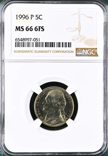1996-P Jefferson Nickel 5C NGC MS66 6FS 5 Cents 6 Full Steps Toned Toning