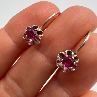 Vintage Women Pair Stud Earrings Silver 875 Pink Stone USSR Soviet Jewelry Gift