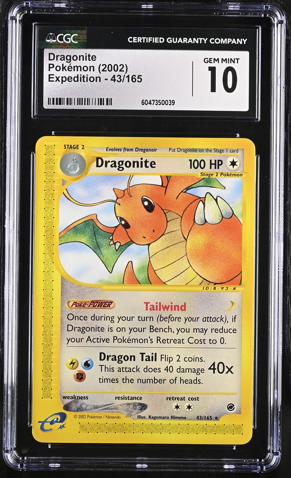 CGC 10 GEM MINT Dragonite 2002 Expedition 43/165 Non-Holo Rare Pokemon Card psa