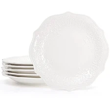  Set of 6 Porcelain Dinner Plate, 10'' Embossed Salad Plates, White Dessert 