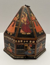 Antique Wooden Indian Mughal Hand Painted Octagonal Marriage Jewelry Box 8 1/2