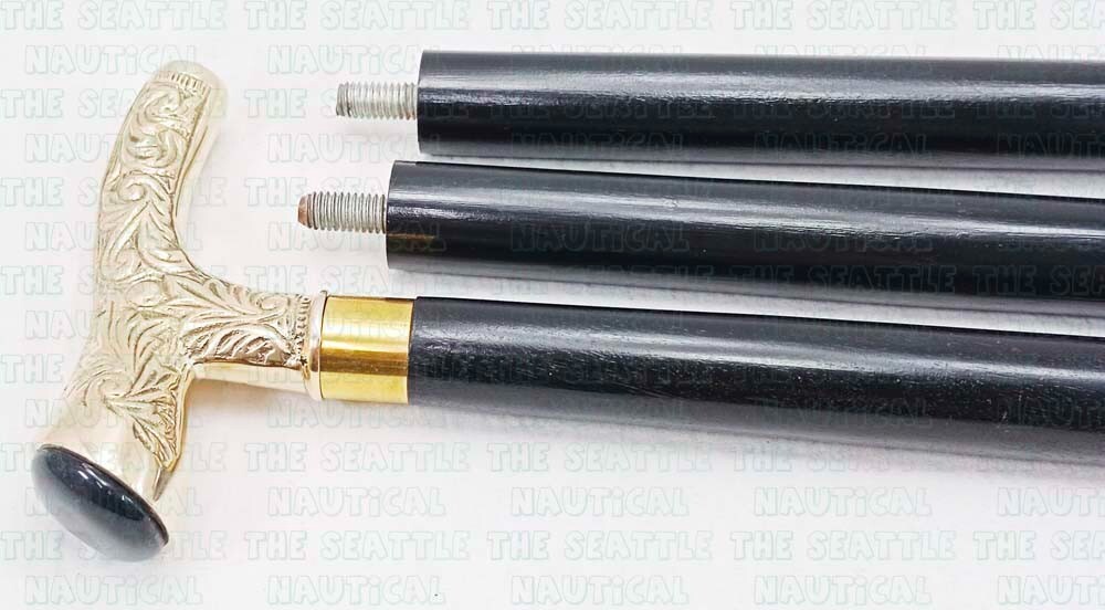 Solid Brass Victorian Engraved Handle Wooden Walk… - image 8