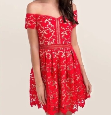 Francesca s Beverly Red Lace Cocktail Dress Off the Shoulder S Small Flare Mini
