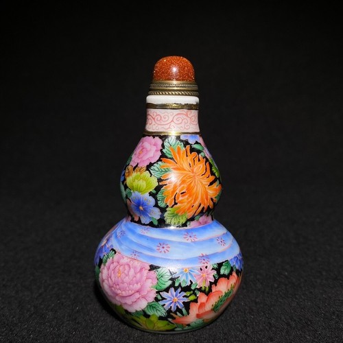 Old porcelain pastel manual painting hundred flowers gourd shape snuff bottle - Picture 3 of 9
