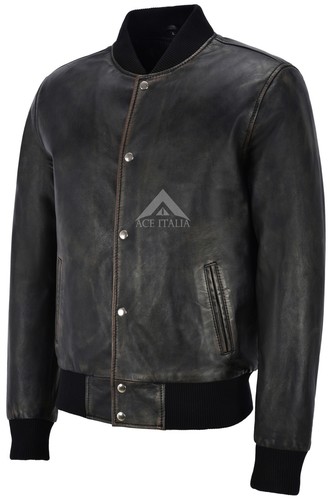 Mens Varsity Leather Jacket Black Classic Bomber Baseball Real Leather Jacket - Picture 2 of 11