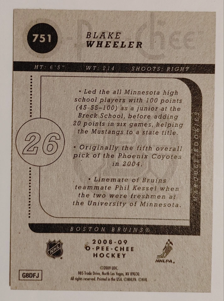 BLAKE WHEELER 2008-09 O-PEE-CHEE MARQUEE ROOKIE #751 BOSTON BRUINS NM-MT A2 - Image 2 of 2