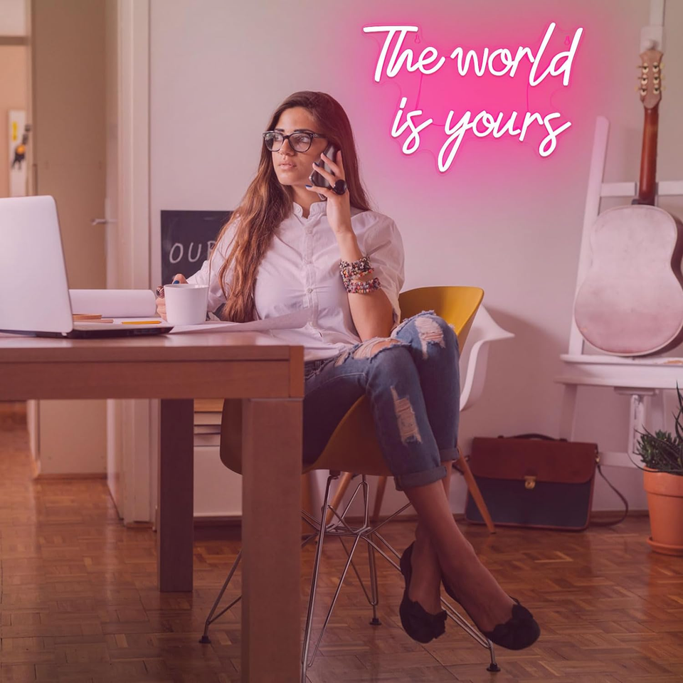 The World Is Yours Neon Sign, Dimmable Word Lights for Wall Decor, Pink
