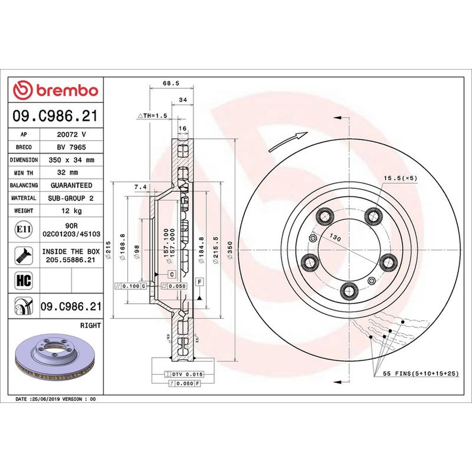 Brembo Prime Line UV Coated Vented Brake Disc - 09.C986.21 Fits Porsche