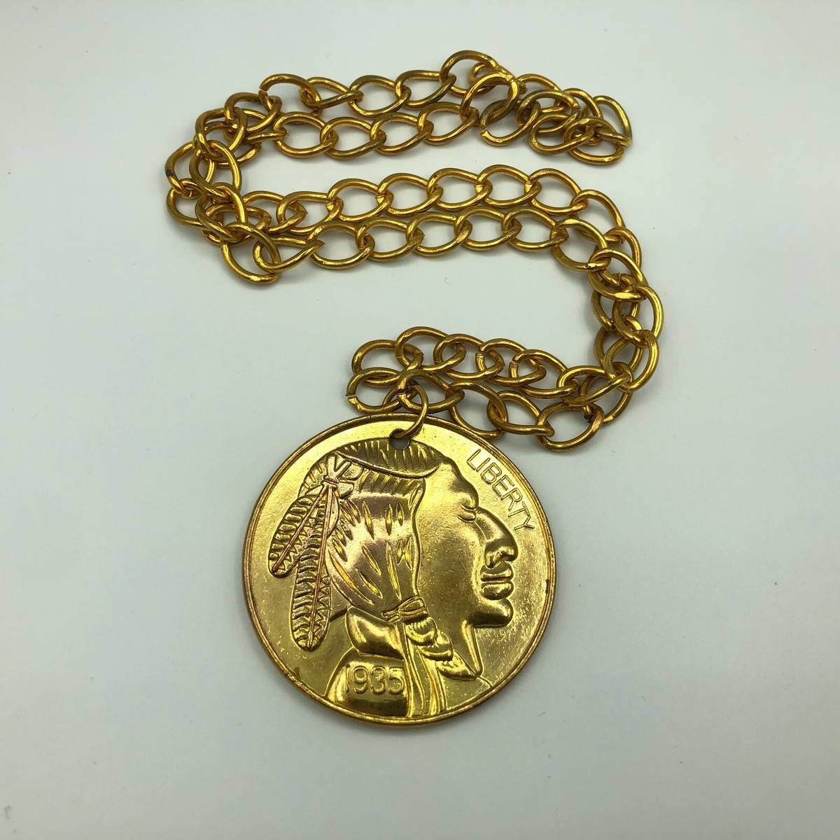 LIBERTY Cents Coin Pendant Necklace Gold Tone Chunky Chain