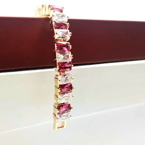 Yellow gold finish red ruby and created diamond emerald cut tennis bracelet - Picture 4 of 12