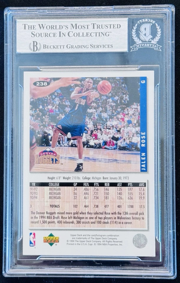 Jalen Rose Rookie Auto 1994 Upper Deck Collectors Choice SIGNED BGS Authentic - Image 2 of 2