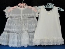 Vintage Little Girls Clothing Sheer White Dress w/Slip Daisy Stitched Pattern