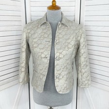 Harold’s Blazer Jacket Womens 2 Tan Grey Gold Metallic Floral Jaquard Crop