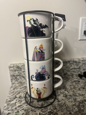Rae Dunn Disney VILLAINS Wire Stackable Mug Set Of 4 New HTF Maleficent ,Ursula